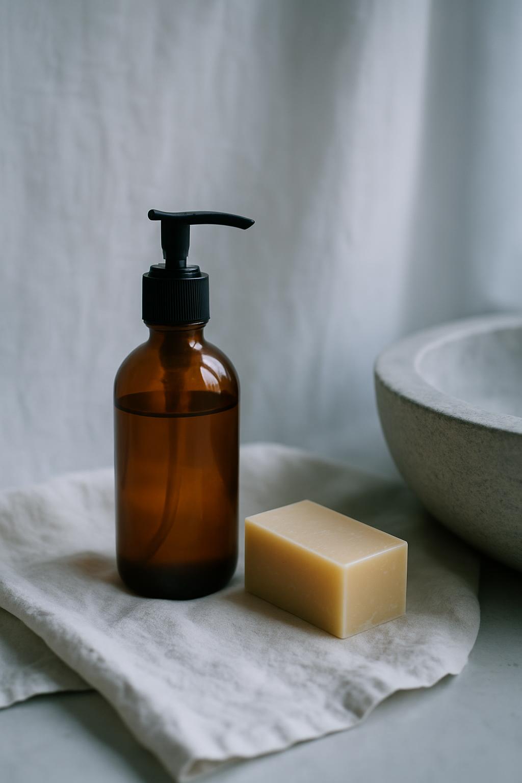Amber glass bottle and a cut bar of soap on linen beside a stone basin