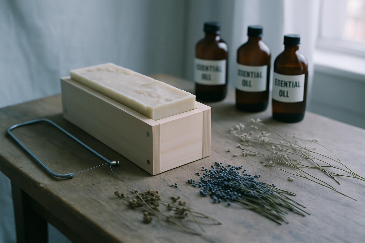 Workshop bench with a soap mould, cutting wire and labelled amber bottles